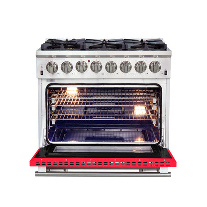 Forno Capriasca 36-Inch Freestanding Dual Fuel Range, 6 Burners, True Convection Oven, Red Door