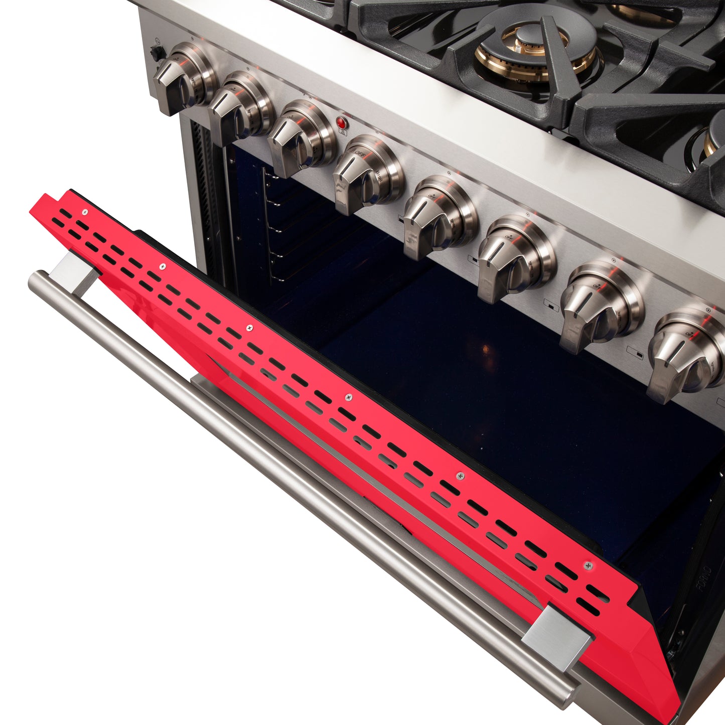 Forno Capriasca 36-Inch Freestanding Dual Fuel Range, 6 Burners, True Convection Oven, Red Door
