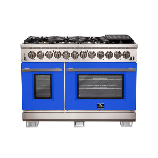 Forno Capriasca 48-Inch Freestanding Dual Fuel Range, 8 Burners, True Convection Oven, Blue Doors