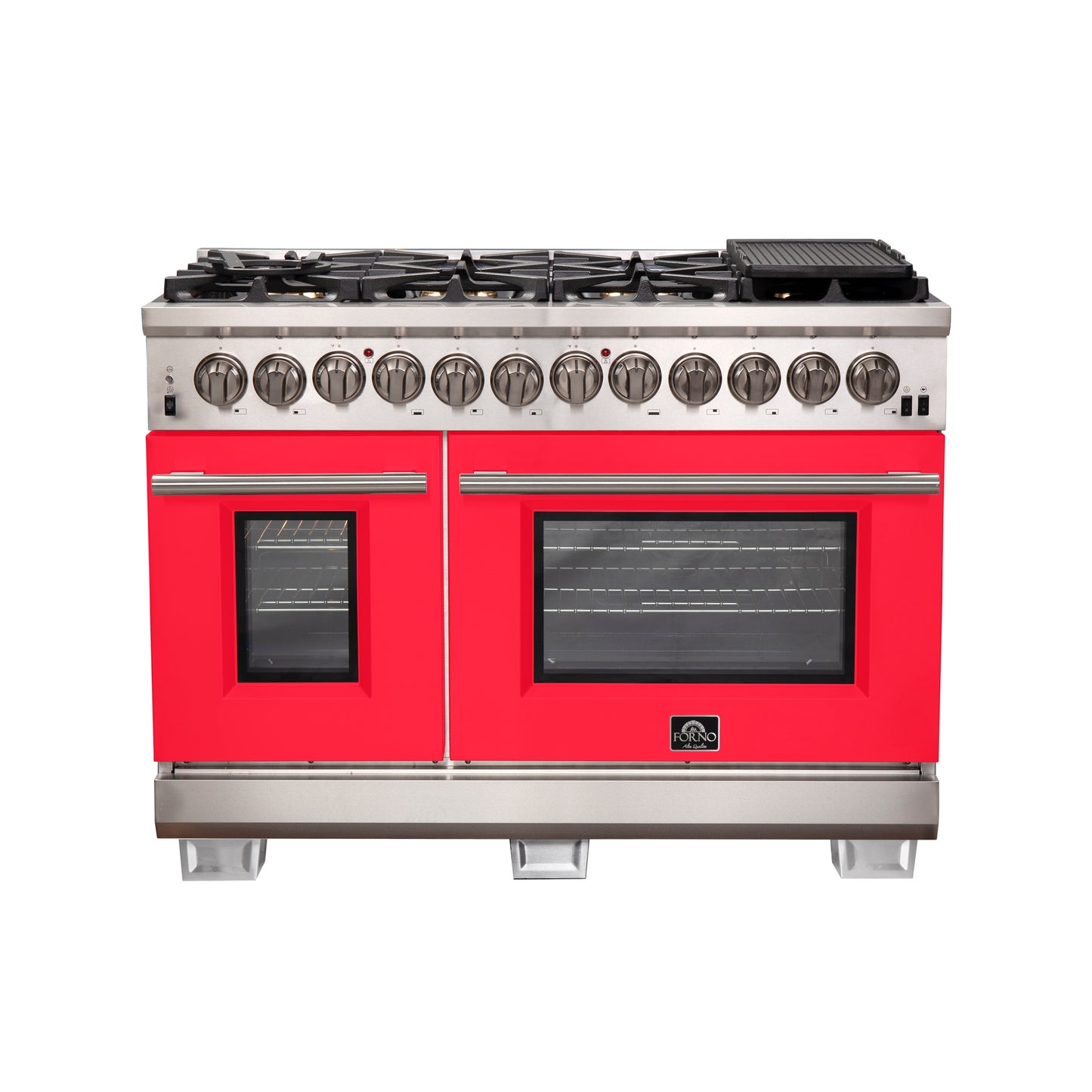 Forno Capriasca 48-Inch Freestanding Dual Fuel Range, 8 Burners, True Convection Oven, Red Doors