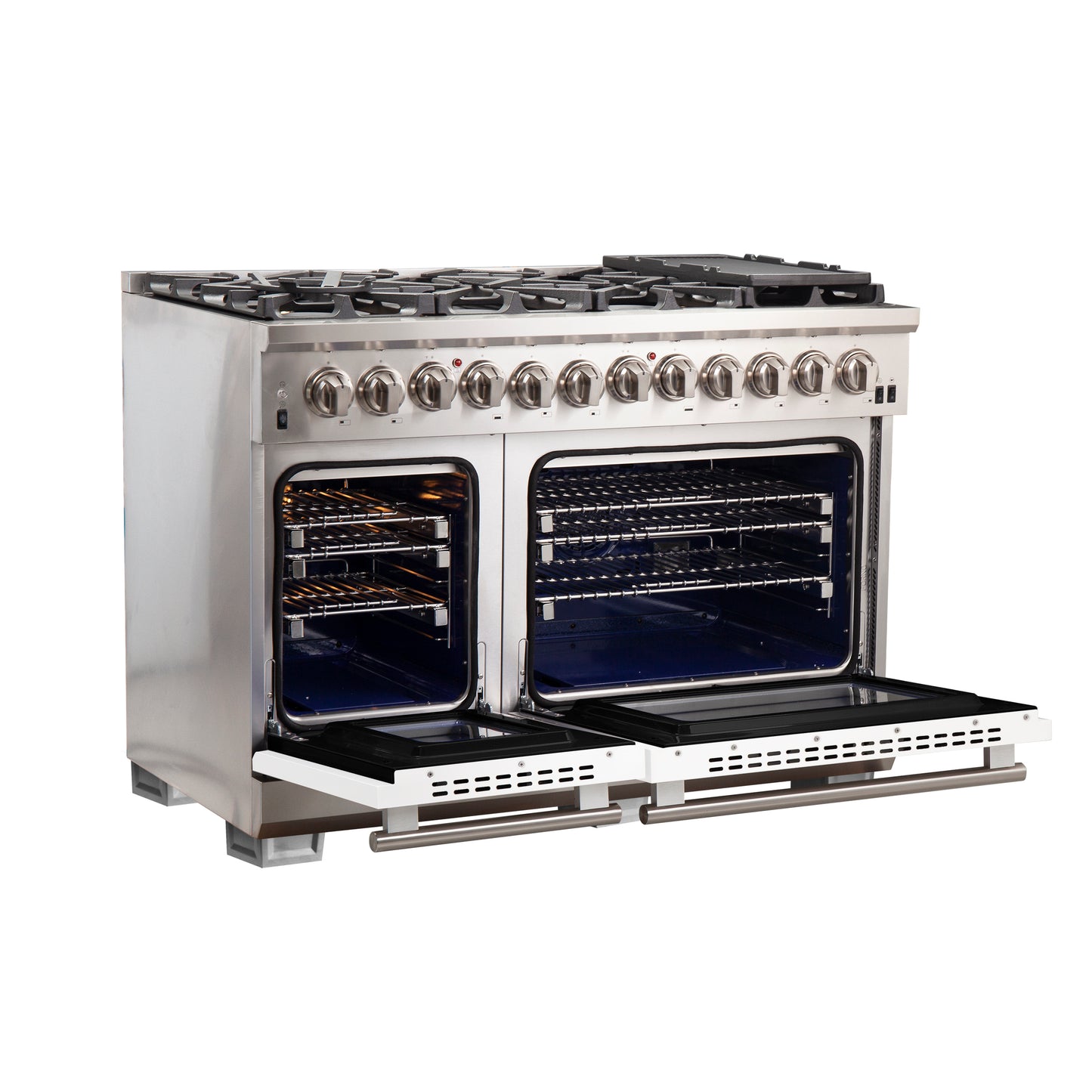 Forno Capriasca 48-Inch Freestanding Dual Fuel Range, 8 Burners, True Convection Oven, White Doors