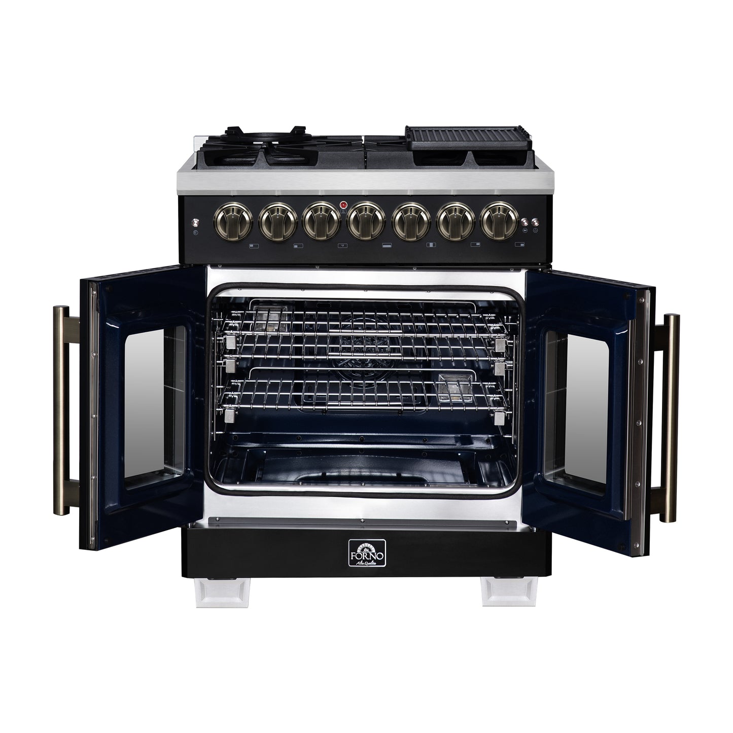 Forno Capriasca 30-Inch Freestanding French Door Dual Fuel Range in Black with Antique Brass Accessories, 5 Burners, True Convection Oven