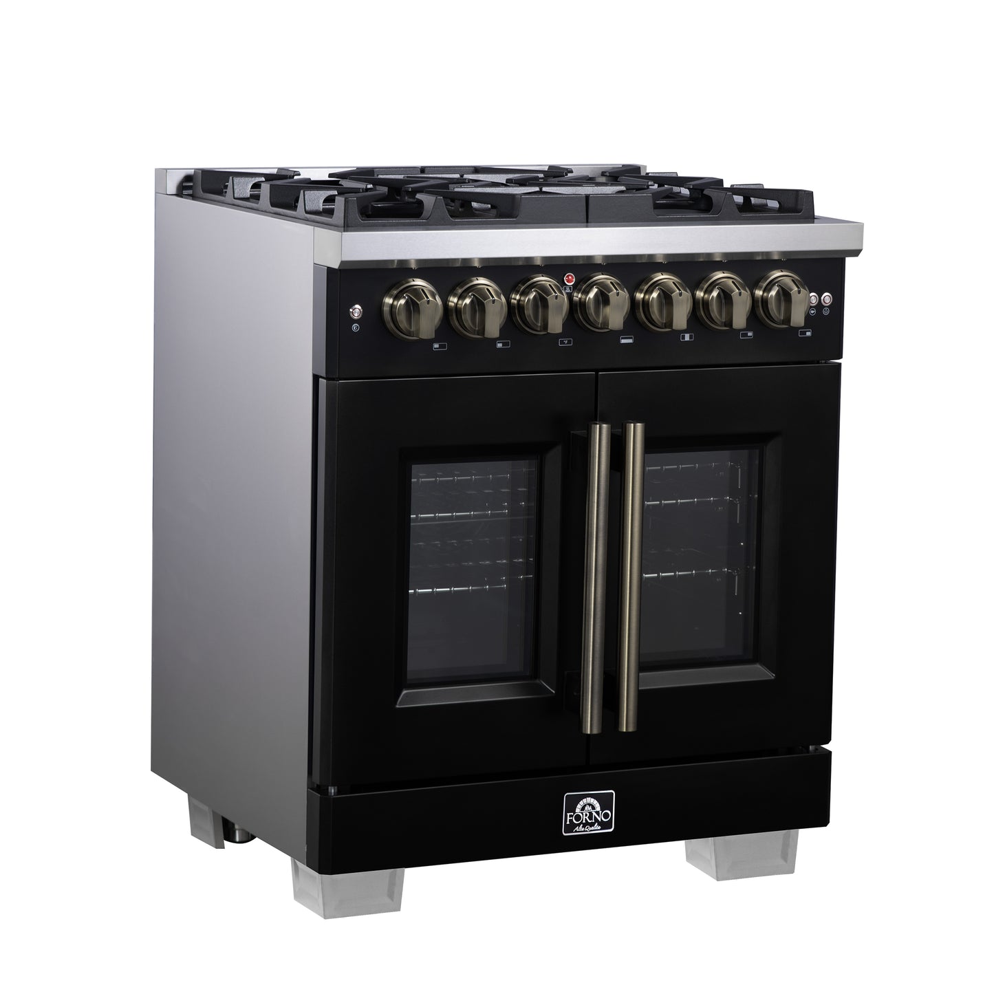 Forno Capriasca 30-Inch Freestanding French Door Dual Fuel Range in Black with Antique Brass Accessories, 5 Burners, True Convection Oven