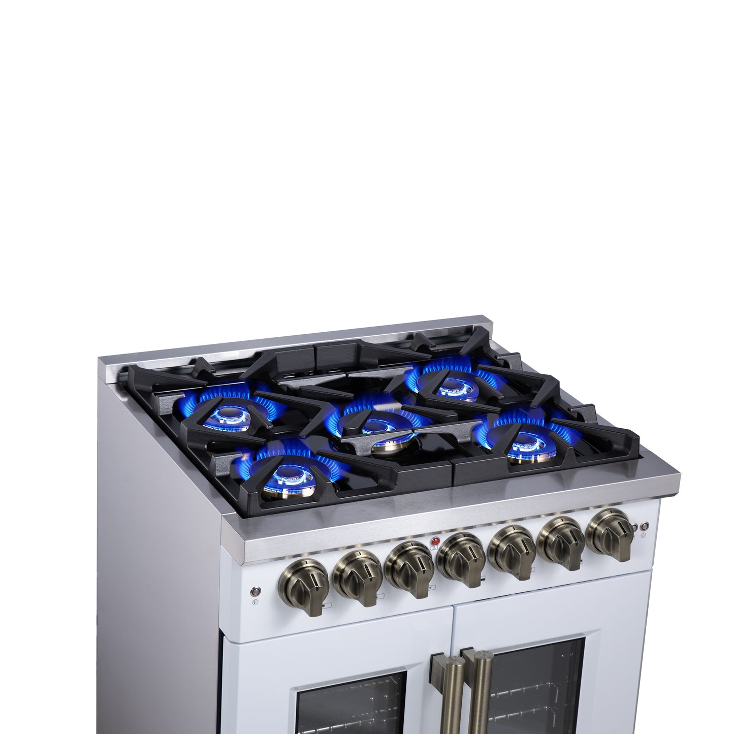 Forno Capriasca 30-Inch Freestanding French Door Dual Fuel Range in White with Antique Brass Accessories, 5 Burners, True Convection Oven