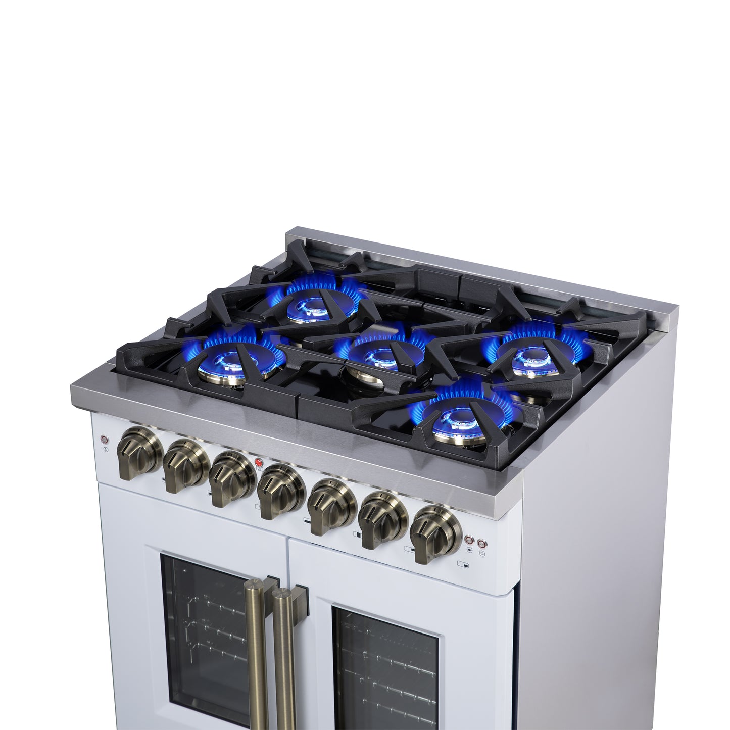 Forno Capriasca 30-Inch Freestanding French Door Dual Fuel Range in White with Antique Brass Accessories, 5 Burners, True Convection Oven