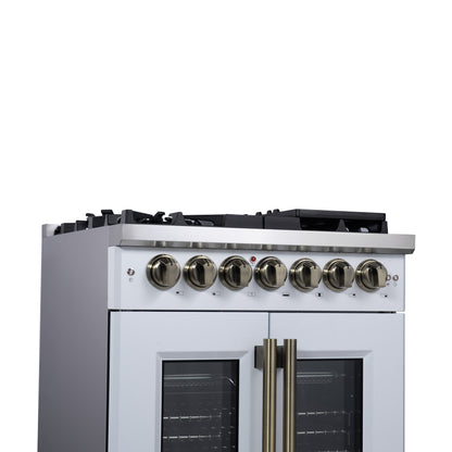 Forno Capriasca 30-Inch Freestanding French Door Dual Fuel Range in White with Antique Brass Accessories, 5 Burners, True Convection Oven