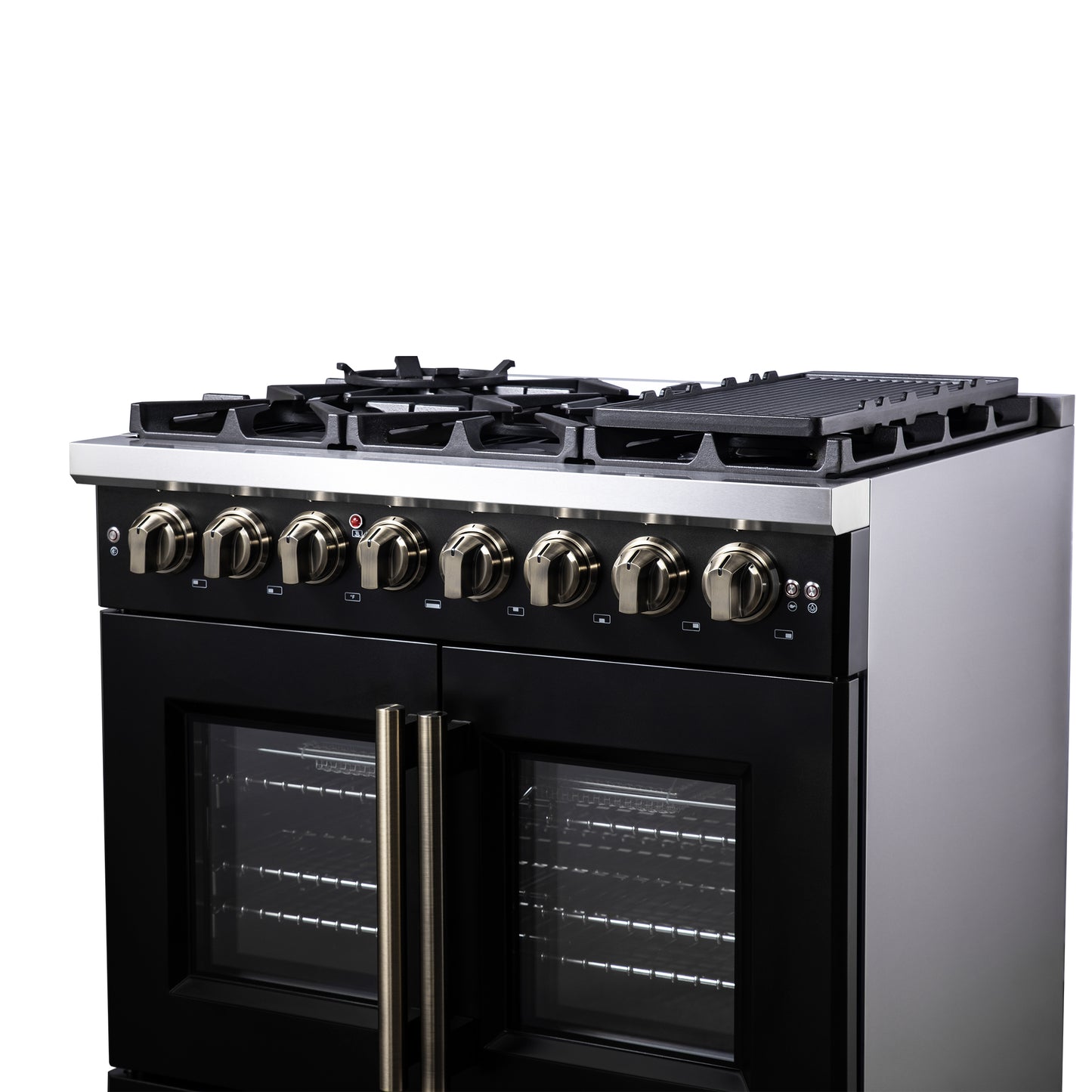 Forno Capriasca 36 Inch Freestanding French Door Dual Fuel Range in Black with Antique Brass Accessories, 6 Burners, True Convection Oven