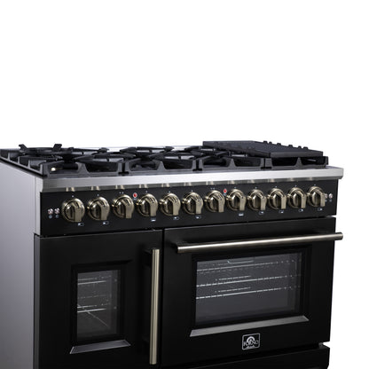 Forno Capriasca 48 Inch Freestanding French Door Dual Fuel Range in Black with Antique Brass Accessories, 8 Burners, True Convection Oven