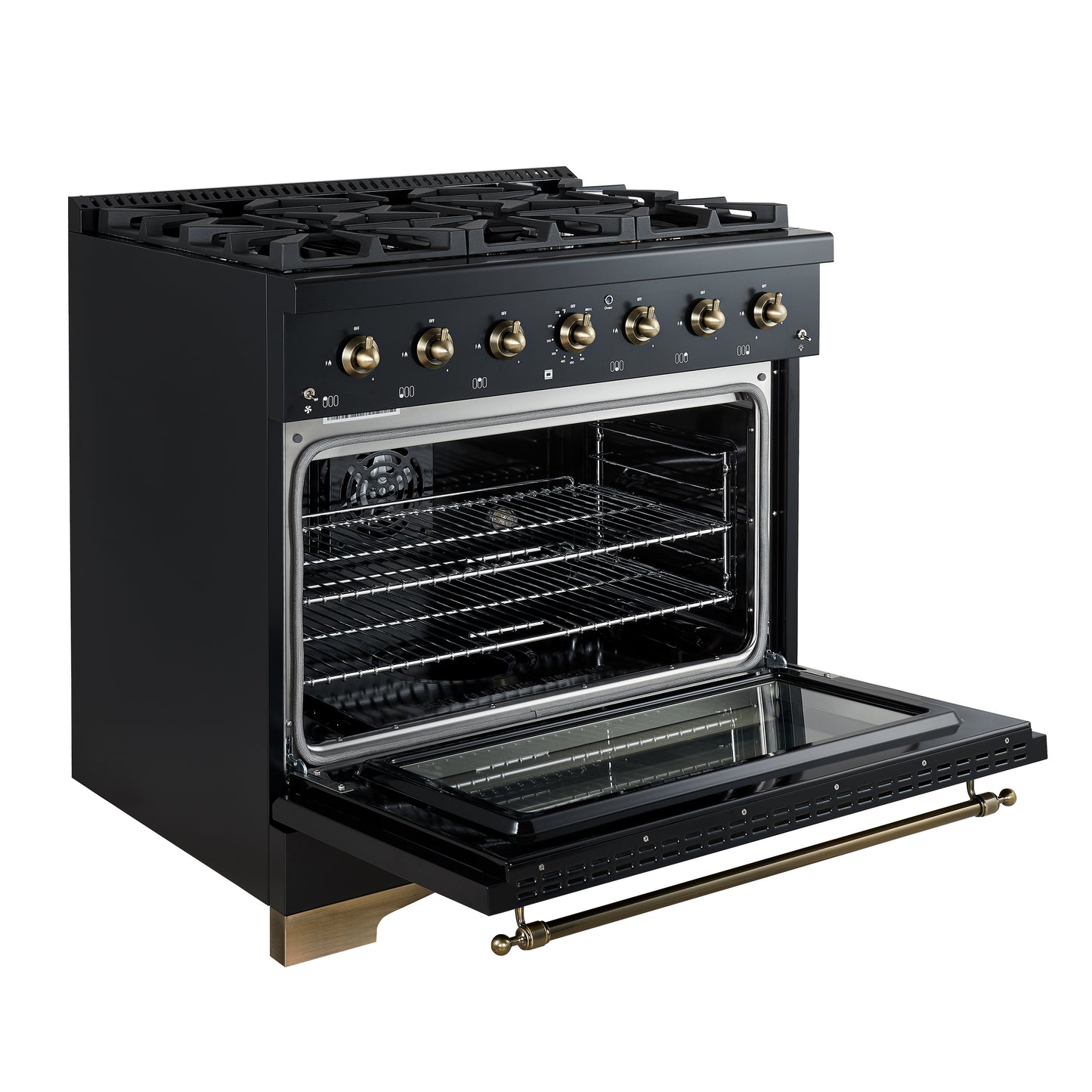 Forno Antico 36-inch Dual Fuel Range, Black and Antique Brass, 6 Burners, 4.5 cu.ft. Convection Oven