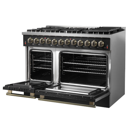 Galiano 48-inch Dual Fuel Range Black & Antique Brass Design with 8 Sealed Burners 107,000 BTU, 6.58 cu. ft. double ovens & Griddle
