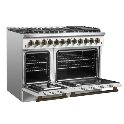 Galiano 48-inch Dual Fuel Range White & Antique Brass Design with 8 Sealed Burners 107,000 BTU, 6.58 cu. ft. double ovens & Griddle
