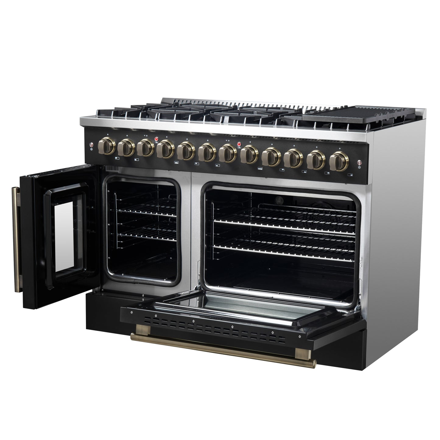 Forno Galiano 48-inch French Door Dual Fuel Range, Black & Antique Brass Design, 8 Sealed Burners - 107,000 BTU, Griddle, 6.58 cu.ft. Double Ovens