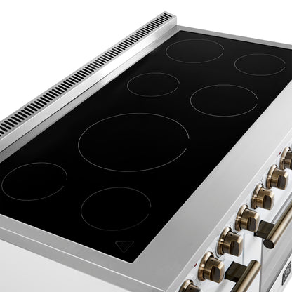 Forno Paolo 48 Inch Freestanding Electric Range in White with Antique Brass, 6.7 cu.ft, True Convection Oven, Energy Efficient