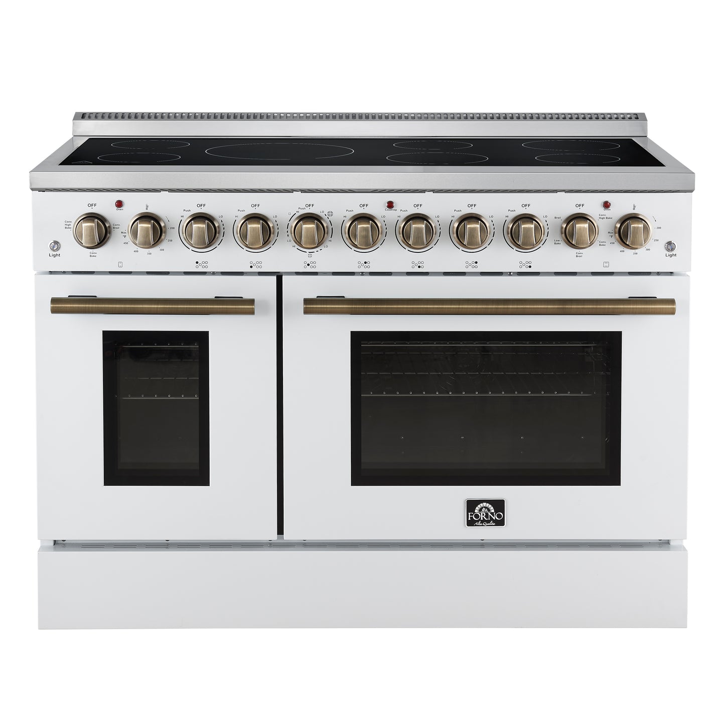 Forno Paolo 48 Inch Freestanding Electric Range in White with Antique Brass, 6.7 cu.ft, True Convection Oven, Energy Efficient