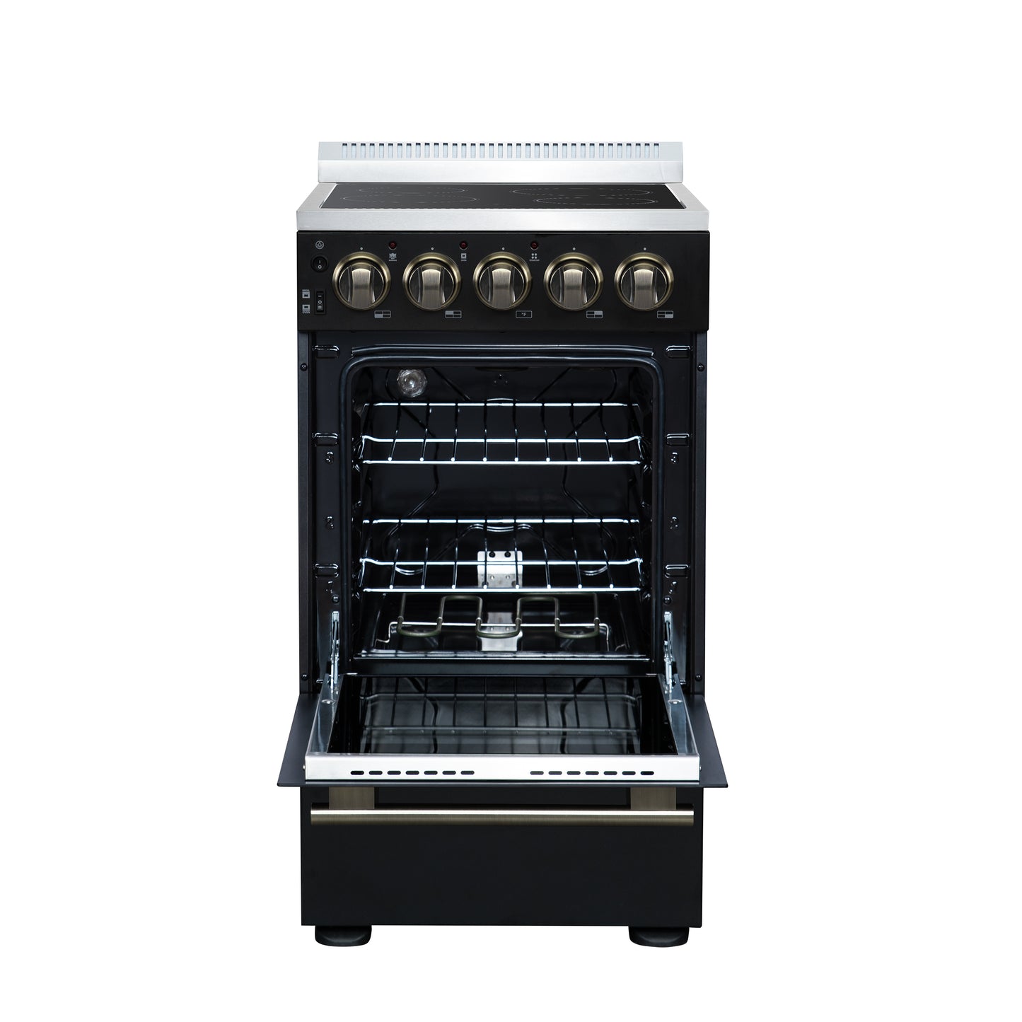 Forno Pallerano 20 Inch Freestanding Electric Range in Black with Antique Brass, Compact Design