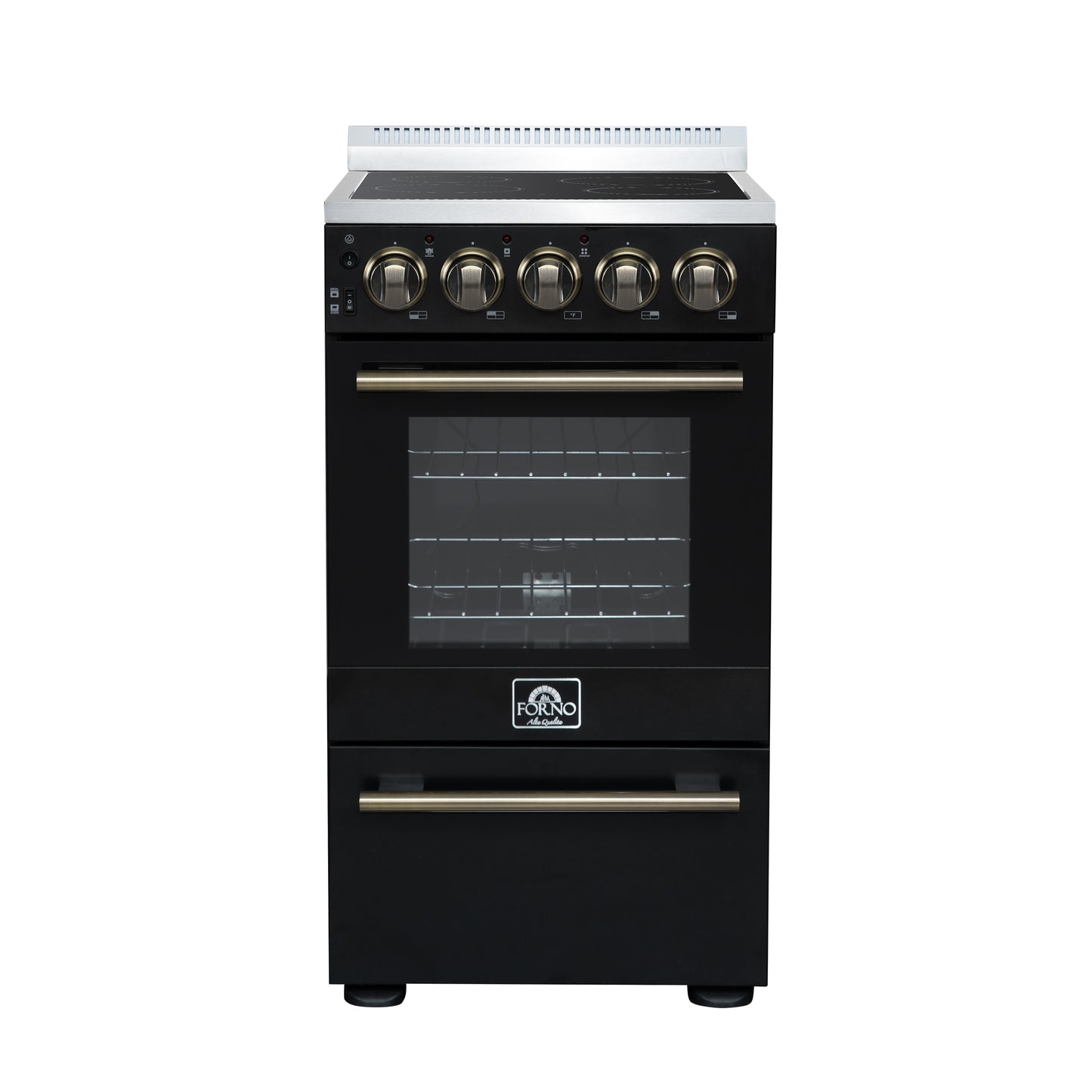 Forno Pallerano 20 Inch Freestanding Electric Range in Black with Antique Brass, Compact Design