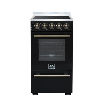 Forno Pallerano 20 Inch Freestanding Electric Range in Black with Antique Brass, Compact Design