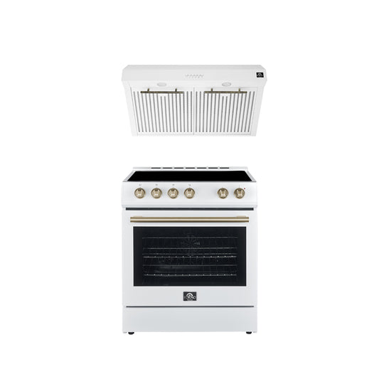 FORNO Premium 2-Piece Kitchen Bundle - Leonardo Espresso 30" White Range, 30" White Range Hood - FBDL-002-03US