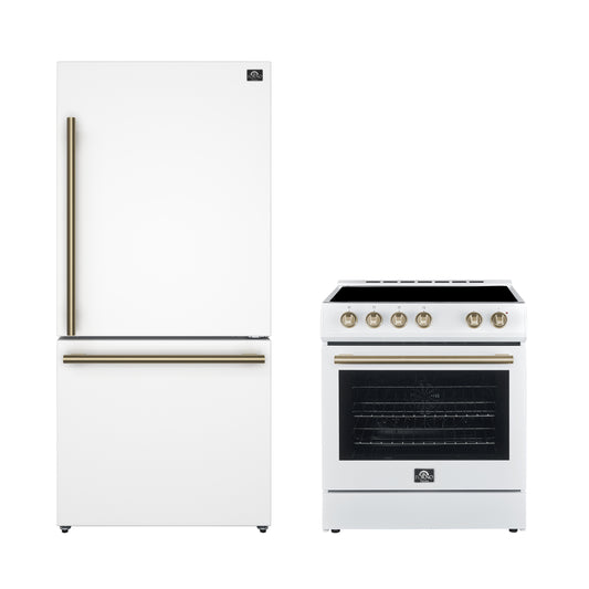 FORNO Premium 2-Piece Kitchen Bundle - Leonardo Espresso 30" White Range, 31" White Bottom Freezer Refrigerator - FBDL-003-03CA