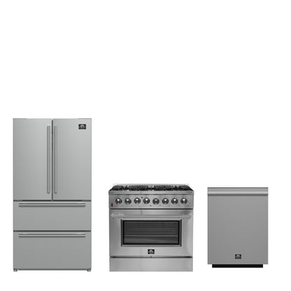 FORNO Premium 3-Piece Kitchen Bundle - Galiano 36" Dual Fuel Range, 36" French Door Refrigerator, 24" Built-In Dishwasher - FBDL-004-02CAUS