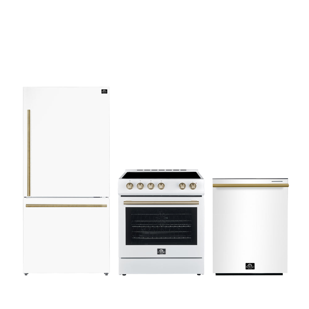 FORNO Premium 3-Piece Kitchen Bundle - Leonardo Espresso 30" White Range, 31" White Bottom Freezer Refrigerator, 24" White Built-In Dishwasher - FBDL-007-03CA