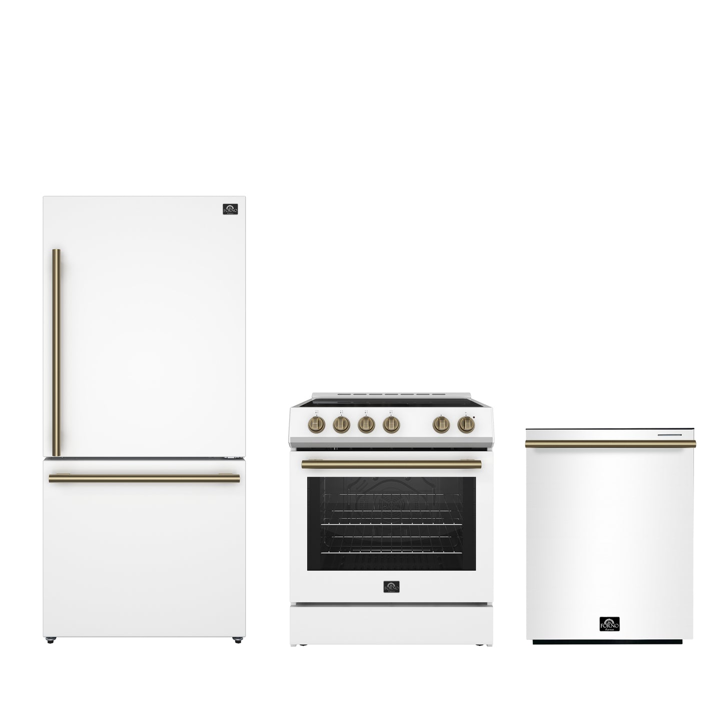 FORNO Premium 3-Piece Kitchen Bundle - Leonardo Espresso 30" White Range, 31" White Bottom Freezer Refrigerator, 24" White Built-In Dishwasher - FBDL-007-03US