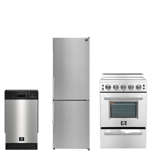 FORNO 3-Piece Stainless Steel Kitchen Appliance Bundle – Home Depot Exclusive – 24” Electric Range, 18” Dishwasher, 24” Bottom Freezer Refrigerator Right Swing | SKU: FBDL-THD-001