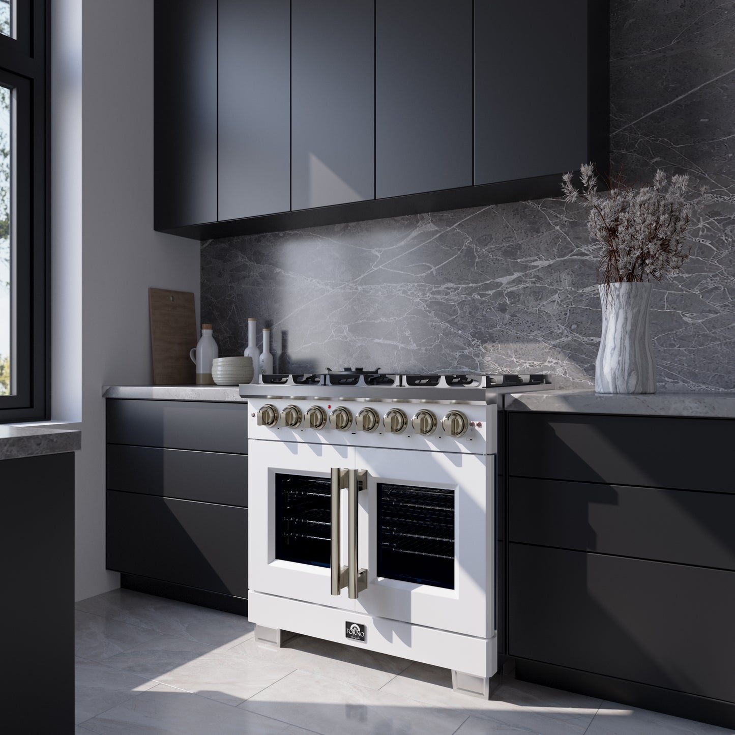 Forno Capriasca 36 Inch Freestanding French Door Dual Fuel Range in White with Antique Brass Accessories, 6 Burners, True Convection Oven