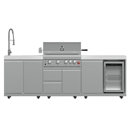 FORNO Bulnes 30-Inch BBQ, 60,000 BTU, 3 Burners with Sear & Rotisserie Infrared Burners, Stainless Steel Outdoor Kitchen with 1.8 cu.ft. Beverage Center & White Sintered Stone Countertops
