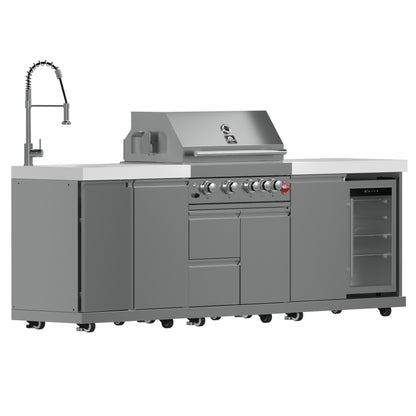 FORNO Bulnes 30-Inch BBQ, 60,000 BTU, 3 Burners with Sear & Rotisserie Infrared Burners, Stainless Steel Outdoor Kitchen with 1.8 cu.ft. Beverage Center & White Sintered Stone Countertops