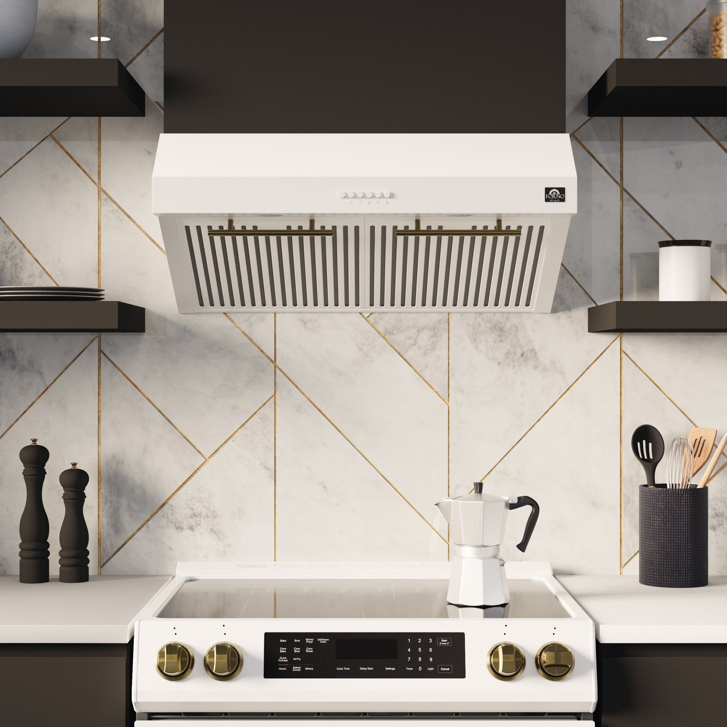 FORNO Premium 2-Piece Kitchen Bundle - Leonardo Espresso 30" White Range, 30" White Range Hood - FBDL-002-03CA