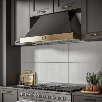 Forno Vittorio 48-Inch Wall Mount Range Hood, Black with Antique Brass Trim, 600 CFM Airflow, Dishwasher-Safe Baffle Filters, Remote Control, 3-Speed Fan, Bright LED Lighting.