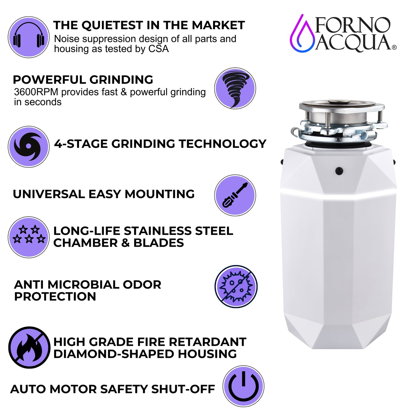 FORNO ACQUA BrightDIAMOND Moonstone 3/4HP Super Quiet Garbage Disposal Corded with Motion Sensor Cabinet Light & Pre-Wired Air Switch