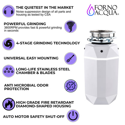 FORNO ACQUA BrightDIAMOND Moonstone 3/4HP Super Quiet Garbage Disposal Corded with Motion Sensor Cabinet Light & Pre-Wired Air Switch