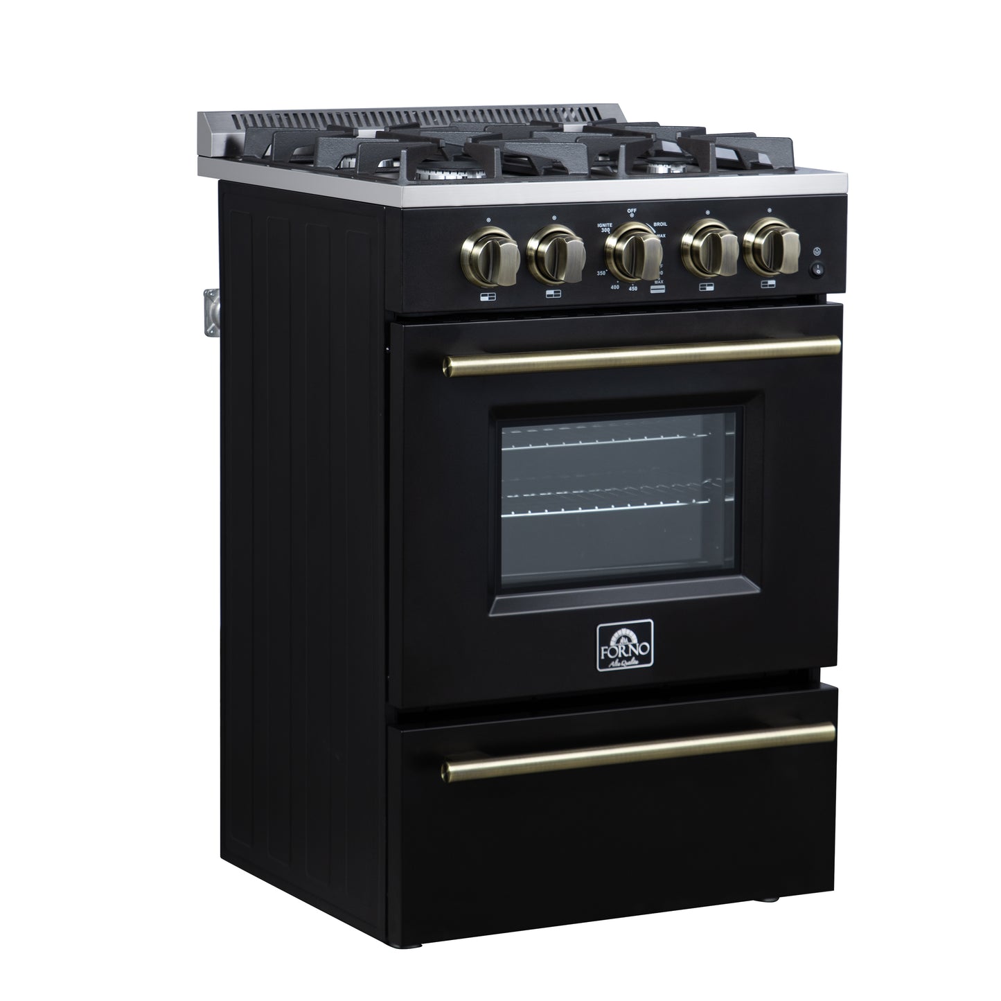 Forno Breno 24 Inch Freestanding Gas Range in Black with Antique Brass, Compact Design