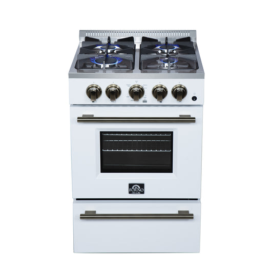 Forno Breno 24 Inch Freestanding Gas Range in White with Antique Brass, Compact Design