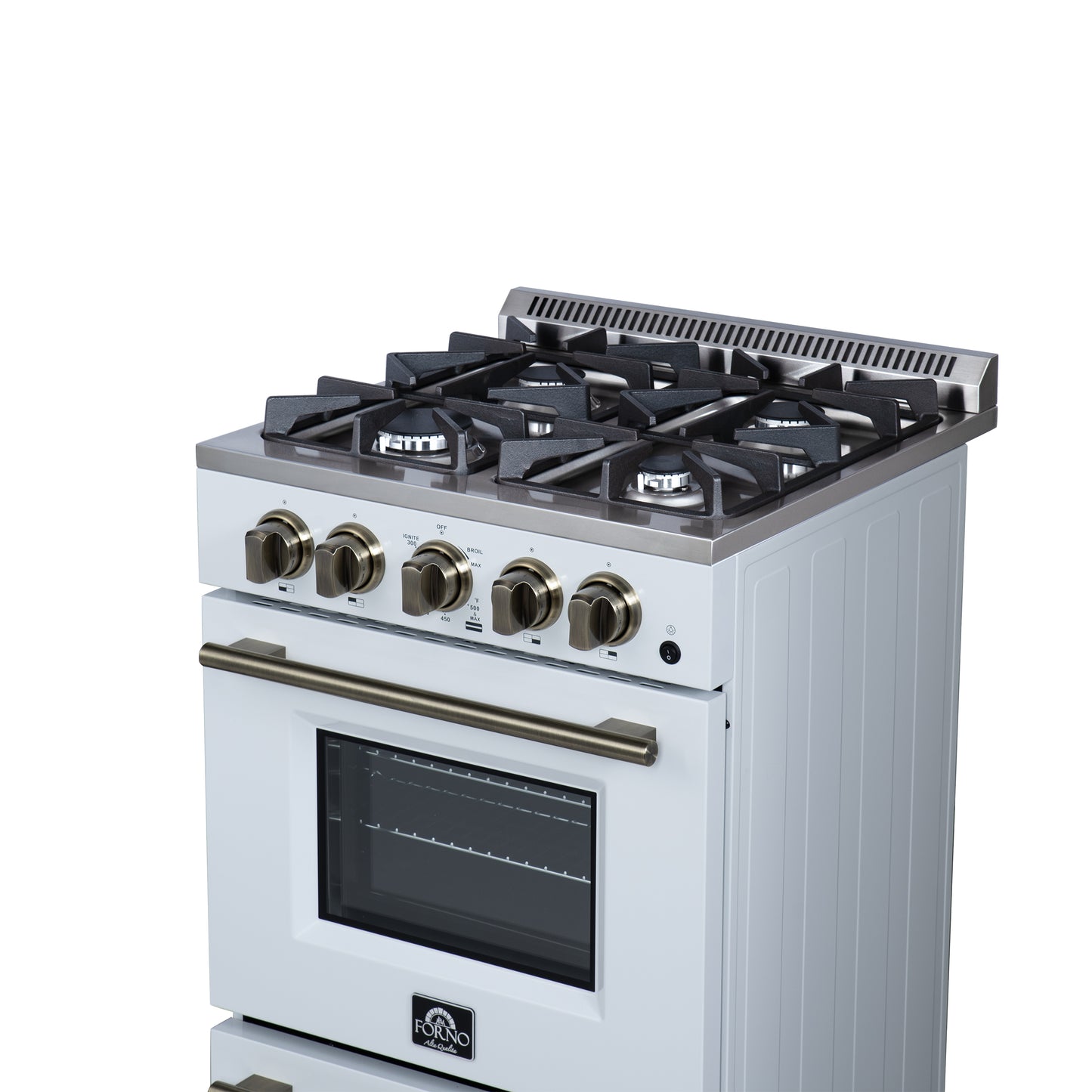 Forno Breno 24 Inch Freestanding Gas Range in White with Antique Brass, Compact Design