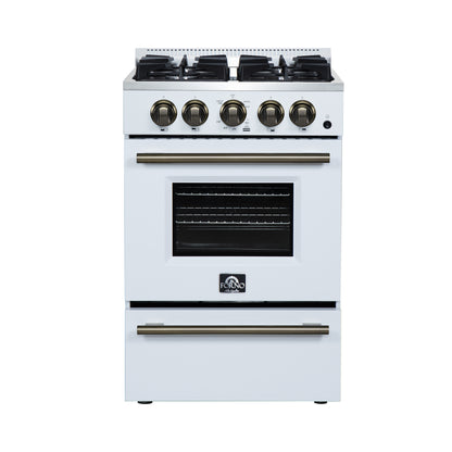 Forno Breno 24 Inch Freestanding Gas Range in White with Antique Brass, Compact Design