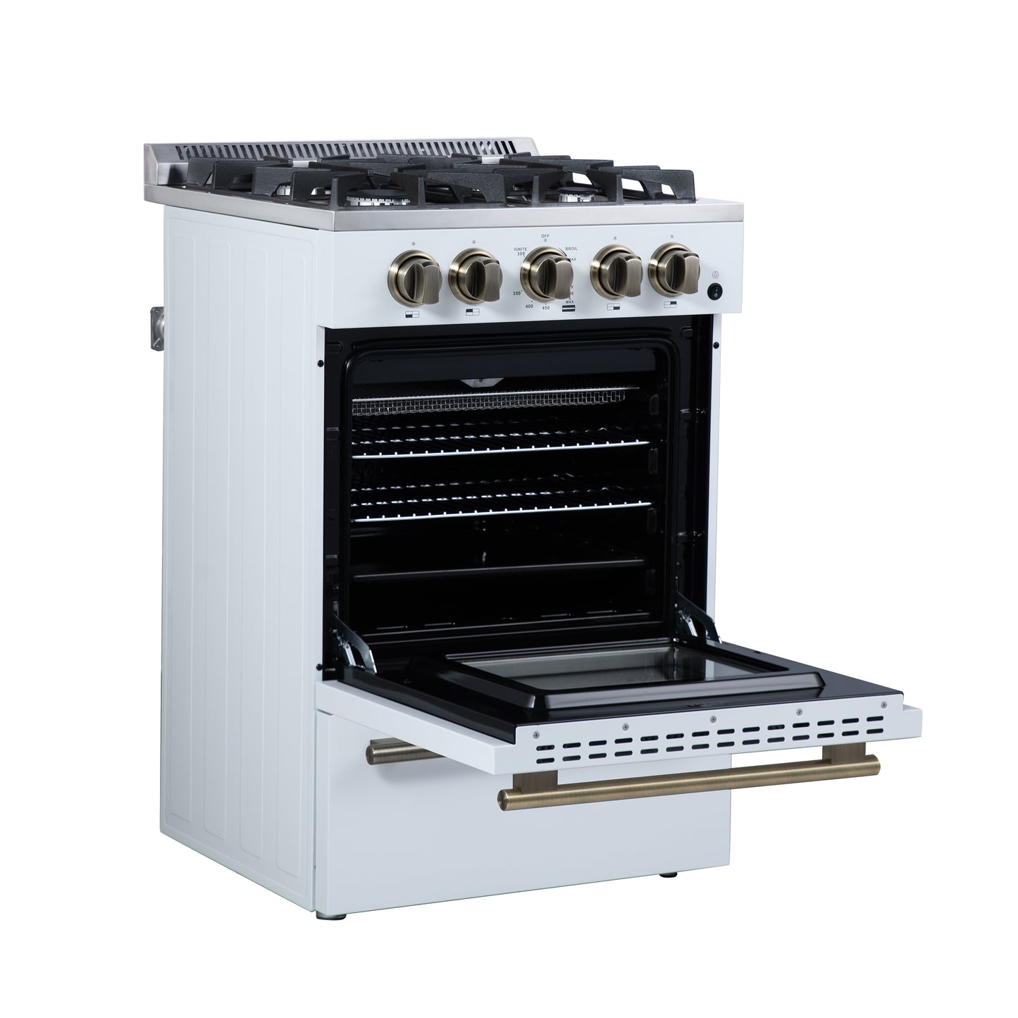 Forno Breno 24 Inch Freestanding Gas Range in White with Antique Brass, Compact Design