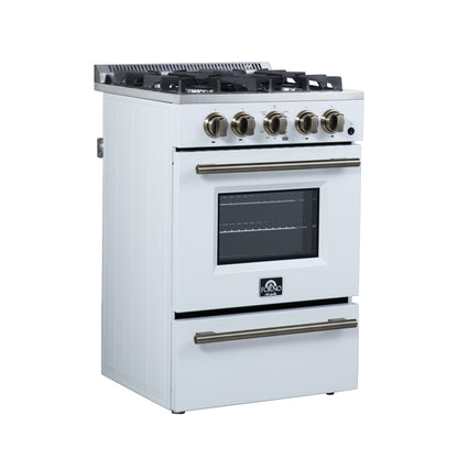 Forno Breno 24 Inch Freestanding Gas Range in White with Antique Brass, Compact Design