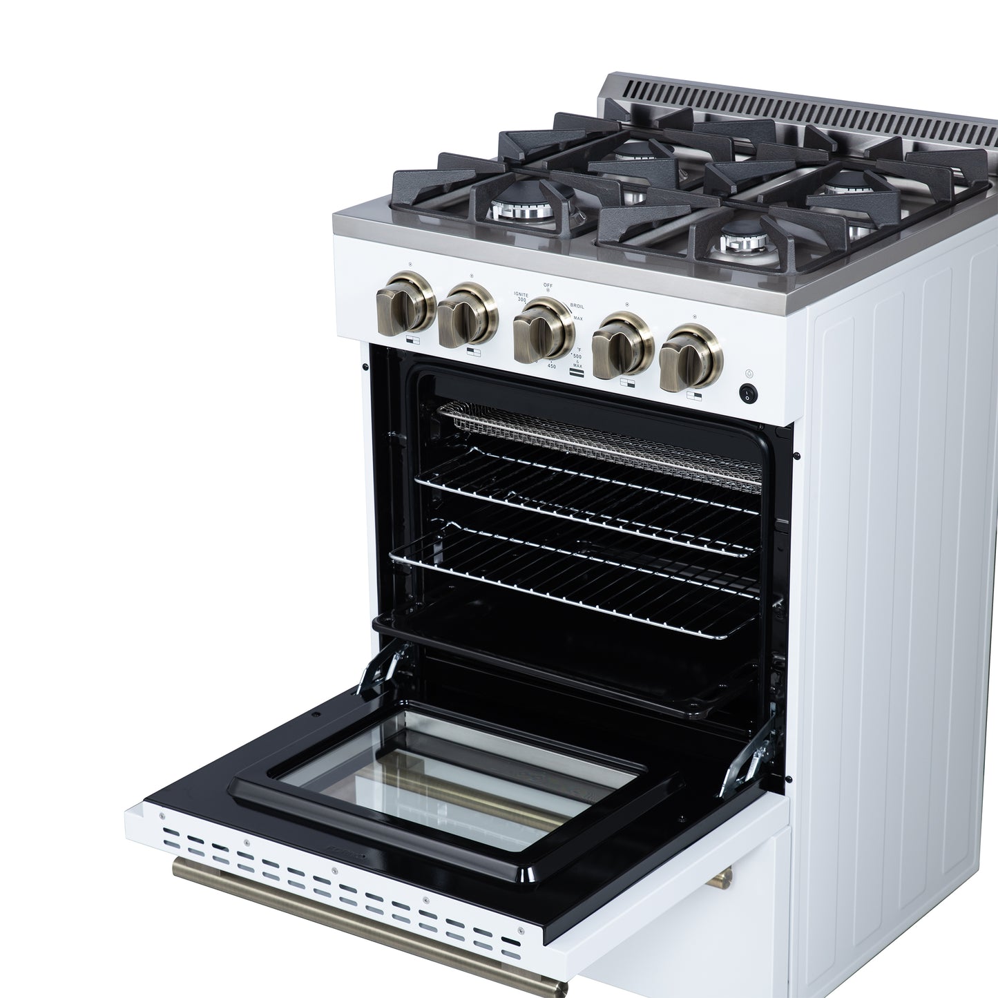 Forno Breno 24 Inch Freestanding Gas Range in White with Antique Brass, Compact Design