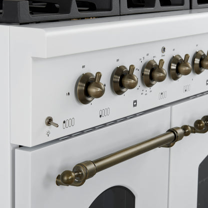 Forno Antico 48-Inch Freestanding Gas Range, White, Antique Brass Design, 8 Burners, Griddle, Double Ovens, Energy Efficient