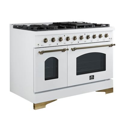 Forno Antico 48-Inch Freestanding Gas Range, White, Antique Brass Design, 8 Burners, Griddle, Double Ovens, Energy Efficient
