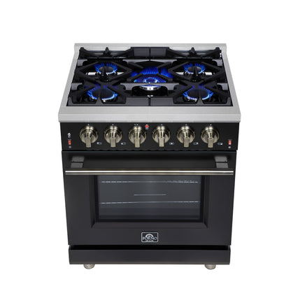 Forno Massimo 30-Inch Black Freestanding Gas Range, 5 Burners, True Convection Oven
