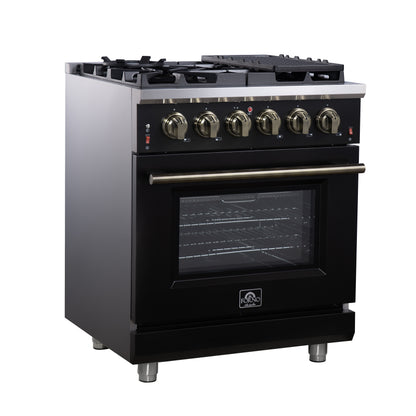 Forno Massimo 30-Inch Black Freestanding Gas Range, 5 Burners, True Convection Oven