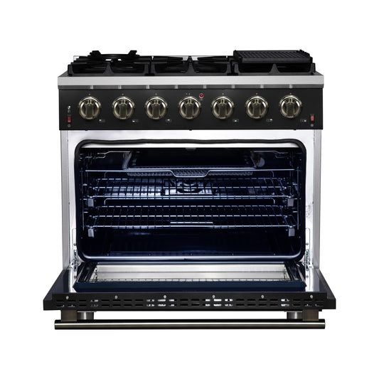 Forno Massimo 36-Inch Black Freestanding Gas Range, 6 Sealed Burners, Convection Oven, Energy Efficient