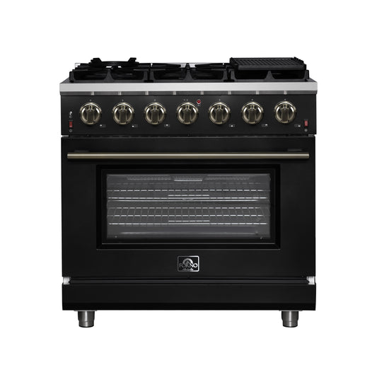 Forno Massimo 36-Inch Black Freestanding Gas Range, 6 Sealed Burners, Convection Oven, Energy Efficient