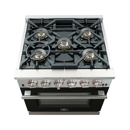 Forno Capriasca 30-Inch Freestanding Gas Range, 4 Burners, True Convection Oven, Black Door