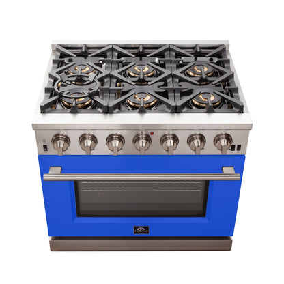 Forno Capriasca 36-Inch Gas Range, Stainless Steel, 6 Brass Burners, 120,000 BTU, Convection Oven, Energy Efficient, Blue Door