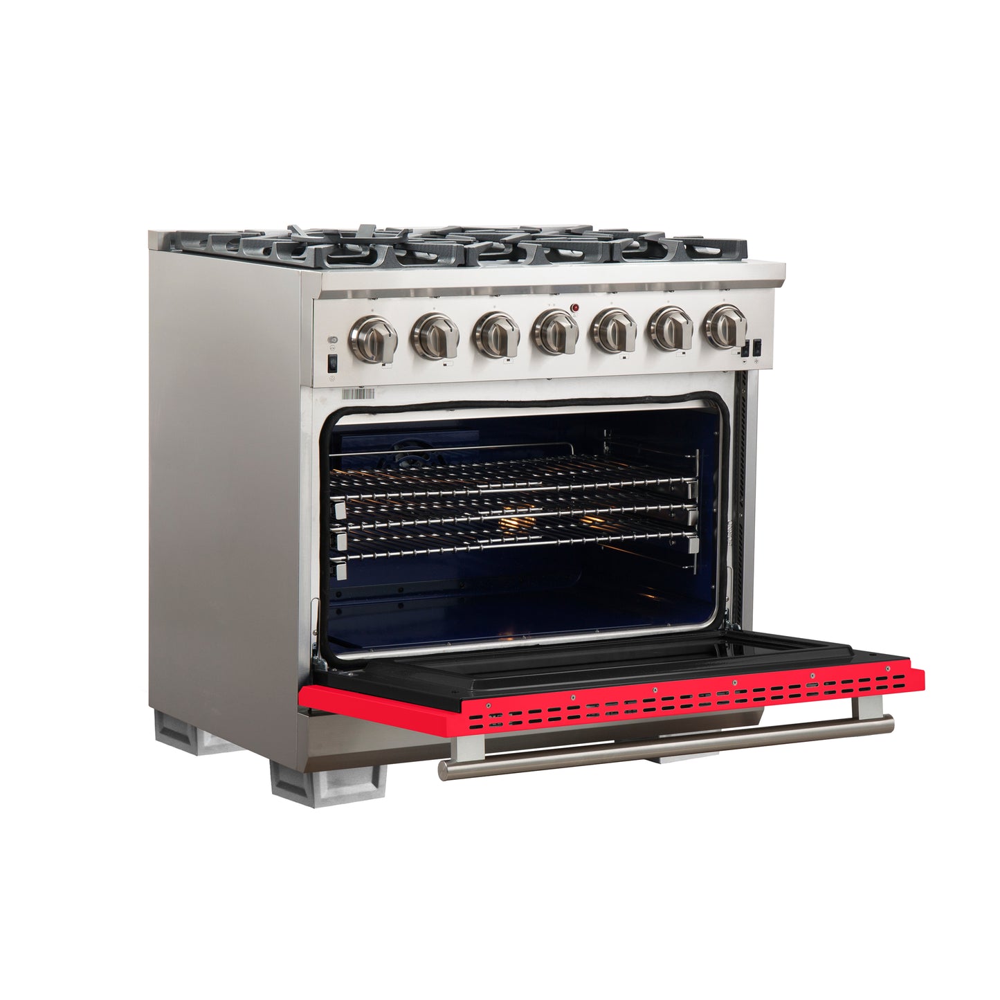 Forno Capriasca 36-Inch Gas Range, Stainless Steel, 6 Brass Burners, 120,000 BTU, Convection Oven, Energy Efficient, Red Door